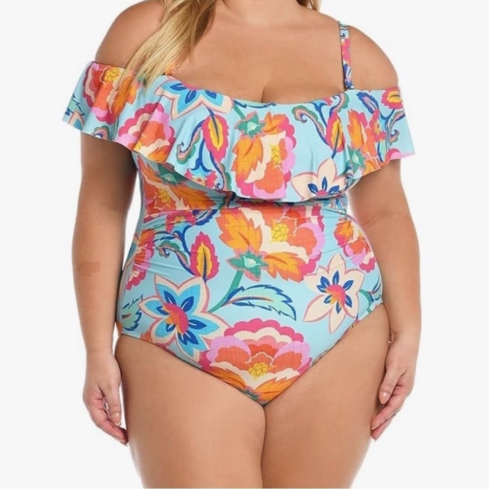 La Blanca Women’s Off Shoulder Ruffle Floral One Piece Swimsuit NWT 16W